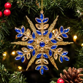 Metal Snowflake with Blue & Gold Diamantes Tree Decoration