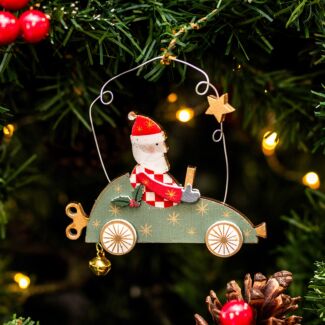 Assorted Santa In Toy Race Car Wooden Tree Decoration