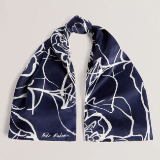 DENNISE Navy Linear Rose Silk Square Scarf