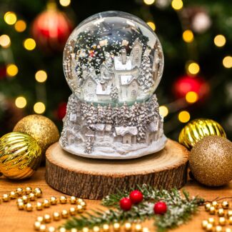 Silver & White Village Large Musical Snow Globe