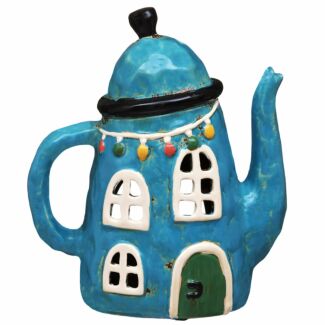 Blue Teapot House Tealight Holder