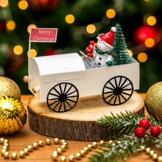 White Tin Car with Snowman Ornament