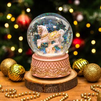 Large Pink & Gold Rocking Horse Musical Snow Globe Decoration