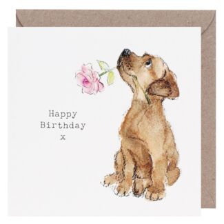 Puppy With Flower Square Birthday Card