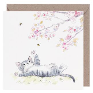 Tabby Cat with Cherry Blossom Square Greetings Card