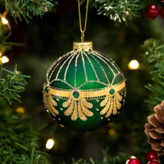 Green With Gold Jewel Scallops Glass Bauble