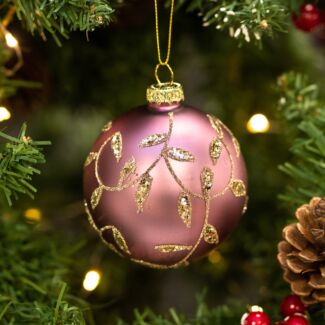 Mauve With Gold Embossed Leaves Glass Bauble