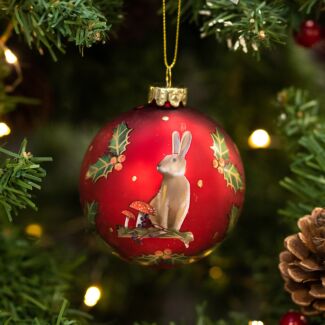 Red Hare and Holly Glass Bauble