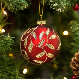 Matte Red With Gold Glitter Leaves Glass Bauble