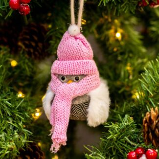 Pink & White Fabric Bird With Hat And Scarf Tree Decoration