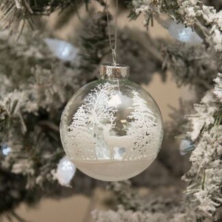 Clear Glass Bauble with White Trees & Stag Design