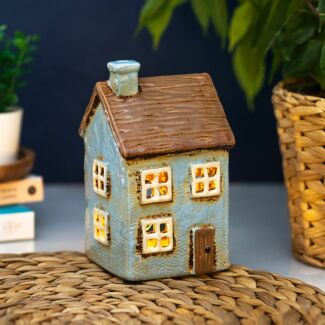 Pale Blue Thatched House Tealight Holder