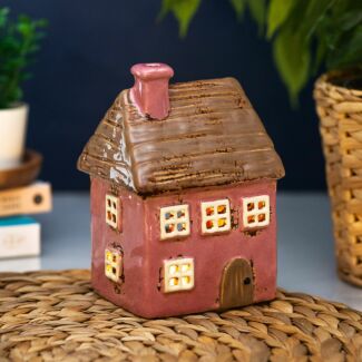 Pink Thatched House Tealight Holder