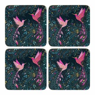 India Hummingbird Paradise Navy Set Of Four Coasters