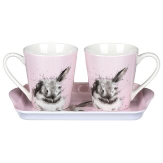 ‘Bathtime’ Pink Rabbit 3 Piece Mugs & Tray Set