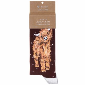 ‘A Highland Christmas’ Burgundy Cow Men's Bamboo Christmas Socks