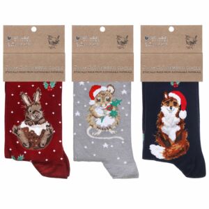 ‘Woodland Christmas’ Set of Three Women's Bamboo Christmas Socks