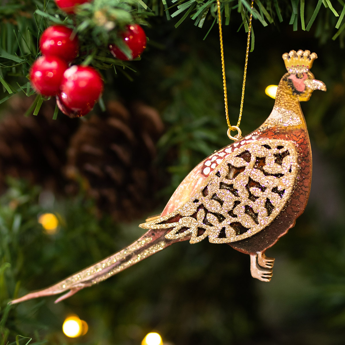 Gisela Graham Burgundy And Gold Pheasant Wooden Tree Decoration Great British Brands USA